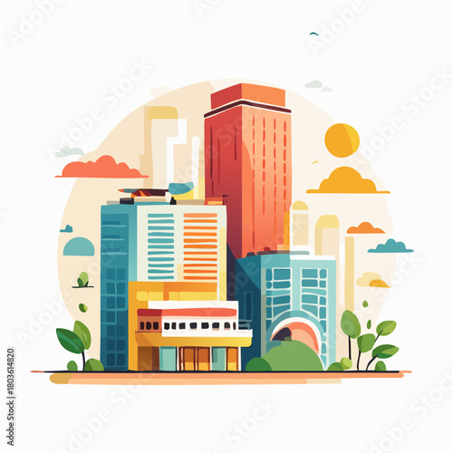 Vibrant urban landscape illustration of a modern city with colorful buildings, skyscrapers, and green spaces under a sunny sky