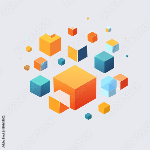 Vibrant digital illustration of geometric blocks and cubes in a floating abstract arrangement, symbolizing data, technology, and modular systems