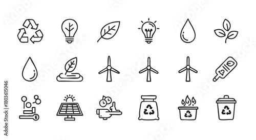 Collection of environmental and sustainability icons representing ecological awareness and clean energy