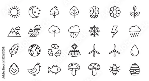 Collection of environmental ecology concept icons in simple line style