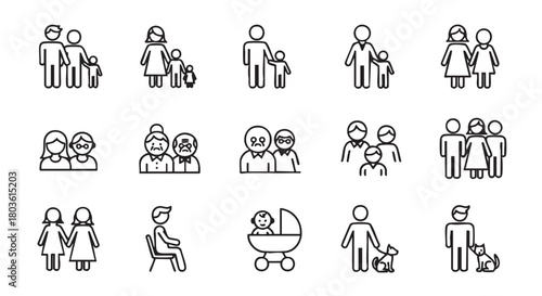 Collection of family life stage icons showing diverse relationships