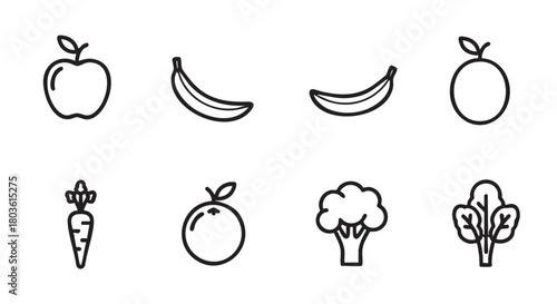 Collection of fruit and vegetable icon designs on white background