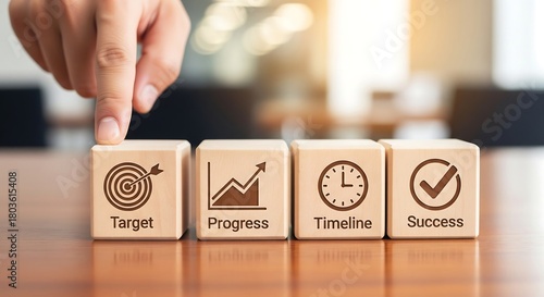 Conceptual image of business goal setting with wooden blocks representing target, progress, timeline, and success.