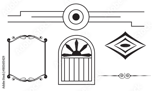 Black Art Deco Ornaments and Geometric Decorative Set. Elegant gold Art Deco ornaments and geometric elements ideal for luxury design, vintage branding, invitations, and decorative layouts.