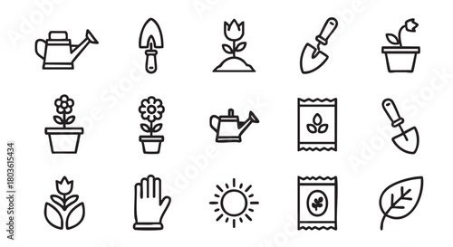 Collection of gardening icons illustrating planting and garden care practices