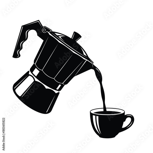 Pouring hot coffee from a moka pot into a cup isolated on