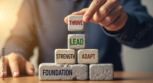 Businessman building a pyramid with blocks representing the steps to success: foundation, strength, adapt, lead, and thrive.