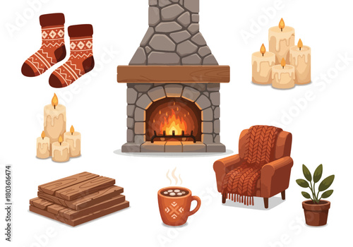 Cozy scene with a fireplace, armchair, socks, candles, wood, hot drink, and potted plant.