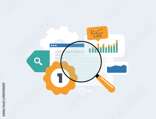 Keyword research tool - Digital SEO marketing strategies with top search insights 2026. Trend keyword graphs, higher rankings and search traffic growth. Vector illustration