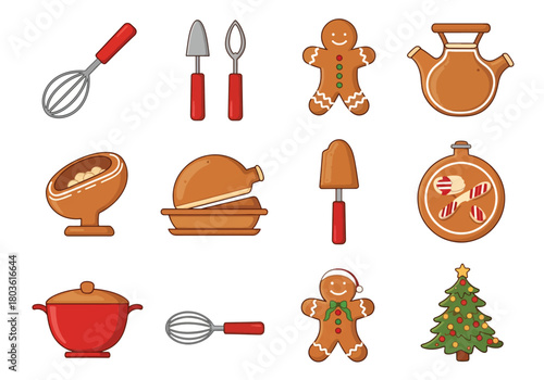 A collection of illustrated baking and Christmas-themed icons, ready for use.