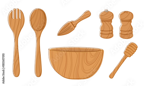 Set of wooden kitchen tools. Salad bowl, lemon squeezer, honey stick dipper, serving fork and spoon, salt and pepper. Sketch with color hand drawn vector illustration.