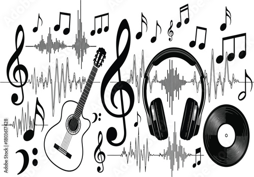 Musical instruments and notes with sound waves create a harmonious and dynamic composition