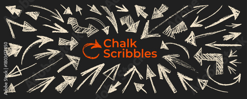 Chalk drawn arrows on blackboard. Hand drawn straight and curved arrows with pencil, chalk, or crayon texture.