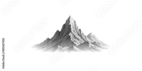 Dramatic jagged mountain peak with sharp ridges and snowy slopes on a white background