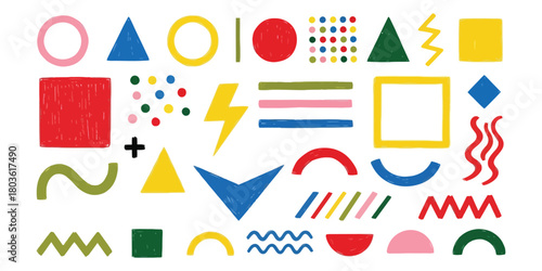 Vibrant collection of abstract geometric shapes and colorful graphic elements for design