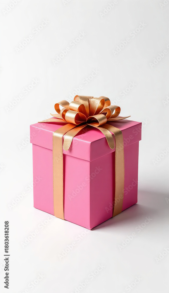 Obraz premium A vibrant pink gift box with a glossy finish, wrapped with an elegant metallic gold ribbon and a neatly tied bow on top.