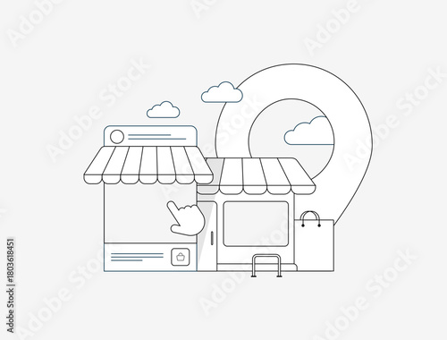 Online shopping vs offline store compares e-commerce convenience and variety with physical retail in-person experience. Traditional shop mall building and e-commerce mobile social shopping store app