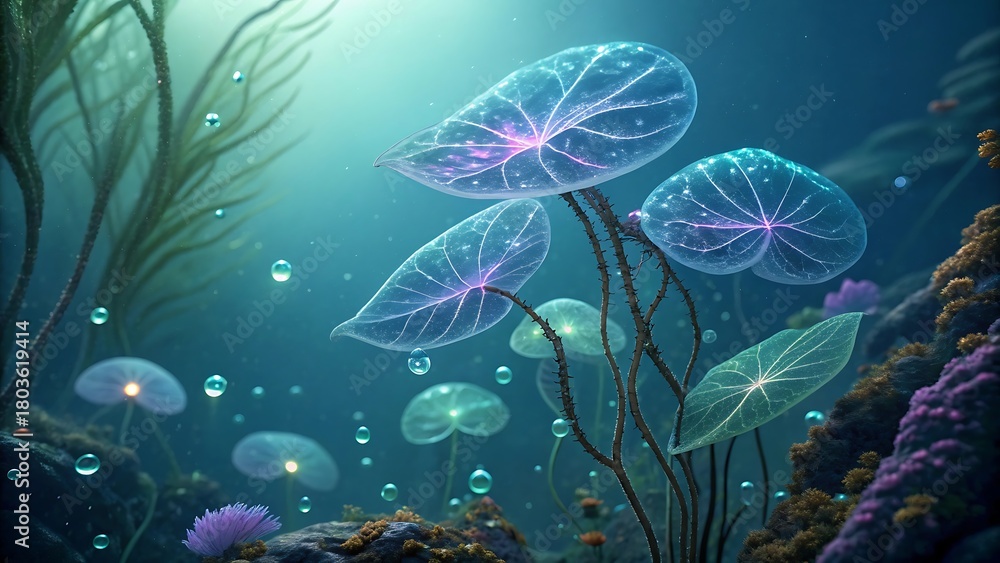 Obraz premium a mesmerizing underwater scene showcases bioluminescent jellyfish like organisms with intricate vein patterns floating amidst aquatic plants and coral high quality