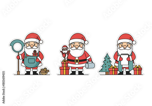 Three cartoon Santas, each holding different Christmas-themed objects, ready for the holidays.