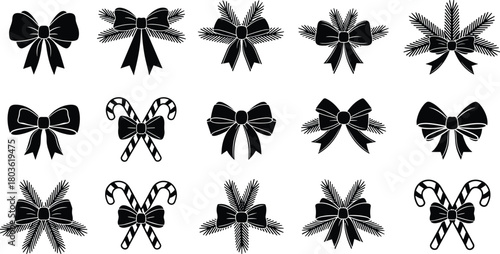 Collection of Christmas Bow Silhouettes with Pine Branches and Candy Canes, Festive Holiday Decoration Elements Flat Vector Illustration Set