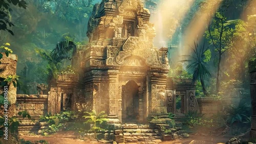 Ancient stone temple ruins bathed in golden sunlight within a dense, mystical jungle environment.