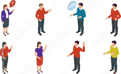 Isometric illustration set of diverse people communicating with speech bubbles, talking, asking questions, social interaction concept, business communication characters