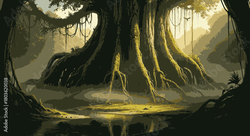 An enormous, ancient tree with sprawling roots dominates a mystical forest scene, illuminated by a magical golden glow reflecting in a serene pool.