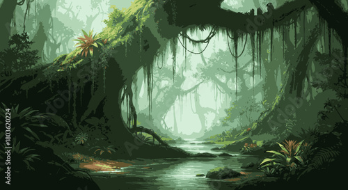 A serene pixel art depiction of a dense tropical rainforest, featuring a tranquil river winding through ancient trees and lush foliage, evoking a mystical natural landscape.
