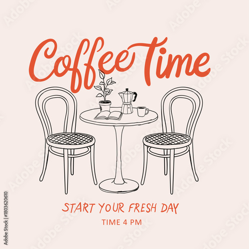 Coffee time .Hand drawn coffee cup, kettle and book .  Sunday coffee time vector design. Espress club t shirt design
