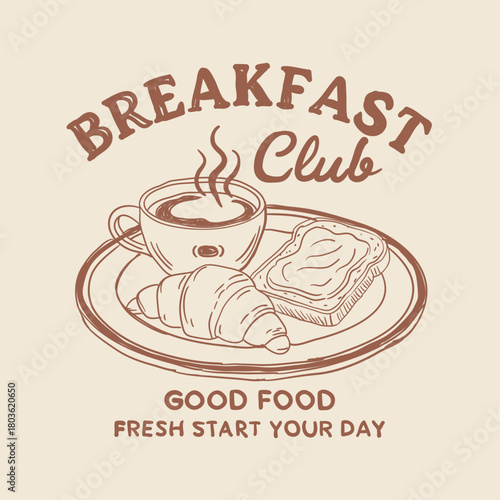 Hand drawn breakfast time vector t shirt design.Morning eating artwork for apparel, Fresh start your day. Men's, women's, kids, clothing print, Breakfast time vector design. Fashion vector graphics.
