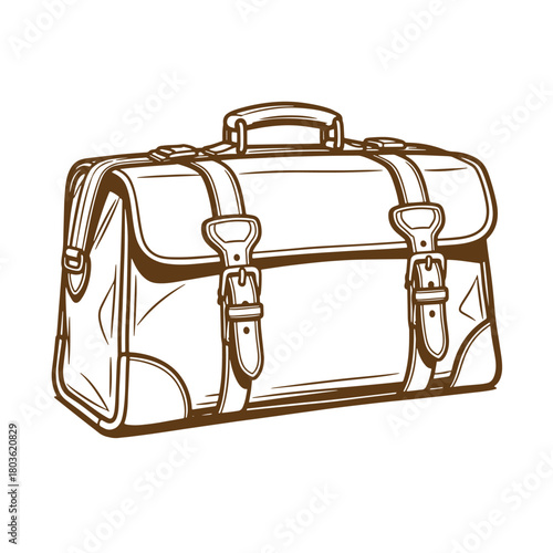 Brown sketch vintage art of a classic leather briefcase with buckled straps