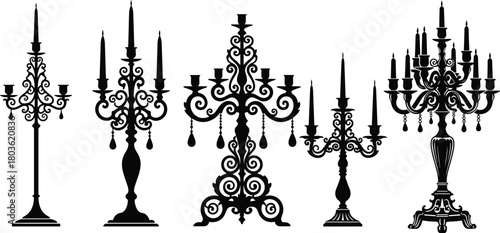 Collection of Ornate Vintage Candelabra Silhouettes, Featuring Baroque Scrolls and Multiple Holders, Elegant Antique Light Fixture Flat Vector Illustration