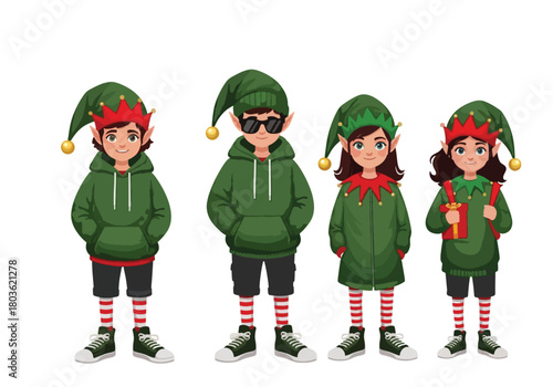 Four cartoon elves, wearing green hoodies and elf hats, standing together.