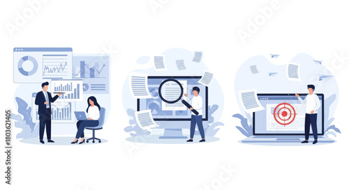 Project development specifications concept, Business analysis, software requirement description, vision and scope document, set flat vector modern illustration