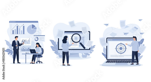 Project development specifications concept, Business analysis, software requirement description, vision and scope document, set flat vector modern illustration