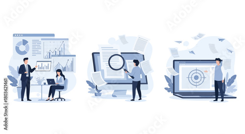 Project development specifications concept, Business analysis, software requirement description, vision and scope document, set flat vector modern illustration