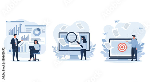 Project development specifications concept, Business analysis, software requirement description, vision and scope document, set flat vector modern illustration