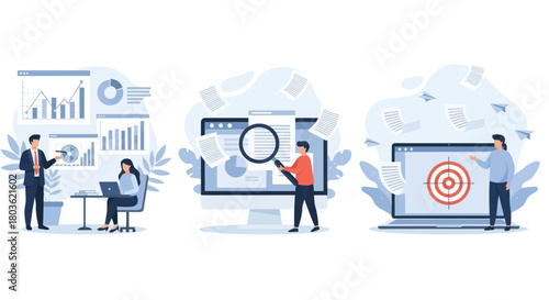 Project development specifications concept, Business analysis, software requirement description, vision and scope document, set flat vector modern illustration