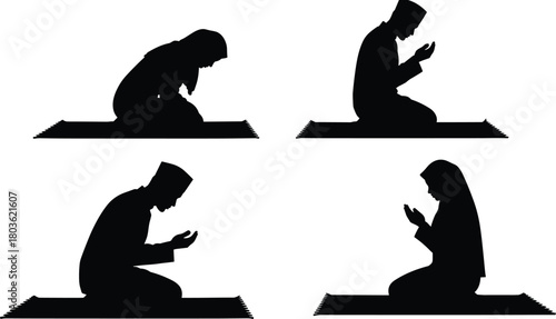 Islamic prayer silhouette, kneeling worship vector, spiritual devotion clipart, muslim man woman praying, religious pose set, cad drawing flat vector illustration