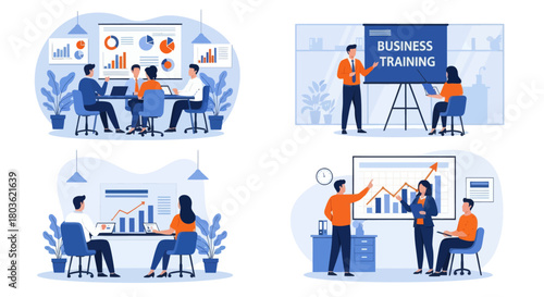 People at business training look at presentation with graphics. Business training or courses concept. Business training landing page. Set flat vector modern illustration
