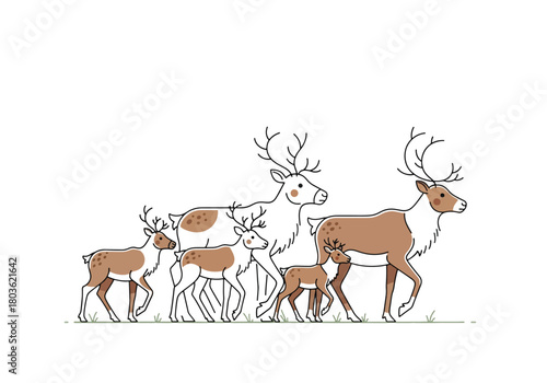 A line drawing of a reindeer family walking in a row, with varying sizes and colors, on a white background.