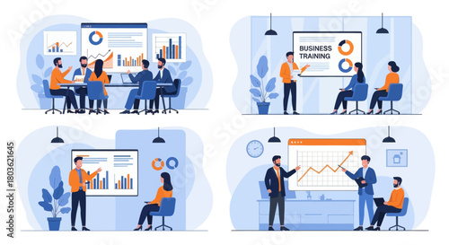 People at business training look at presentation with graphics. Business training or courses concept. Business training landing page. Set flat vector modern illustration