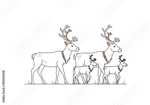 A stylized illustration of a reindeer family standing together against white background.