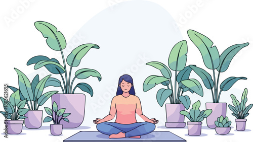 Woman Meditating Among Lush Indoor Plants for Serenity.