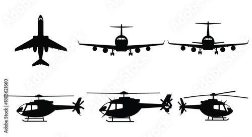 Aircraft and helicopters against a cloudy sky, transportation concept