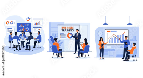 People at business training look at presentation with graphics. Business training or courses concept. Business training landing page. Set flat vector modern illustration
