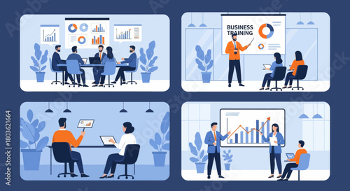 People at business training look at presentation with graphics. Business training or courses concept. Business training landing page. Set flat vector modern illustration