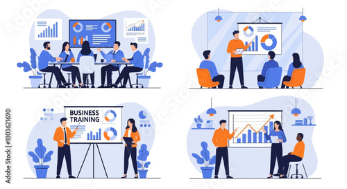 People at business training look at presentation with graphics. Business training or courses concept. Business training landing page. Set flat vector modern illustration