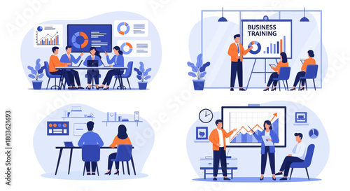 People at business training look at presentation with graphics. Business training or courses concept. Business training landing page. Set flat vector modern illustration