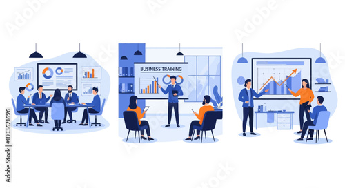 People at business training look at presentation with graphics. Business training or courses concept. Business training landing page. Set flat vector modern illustration